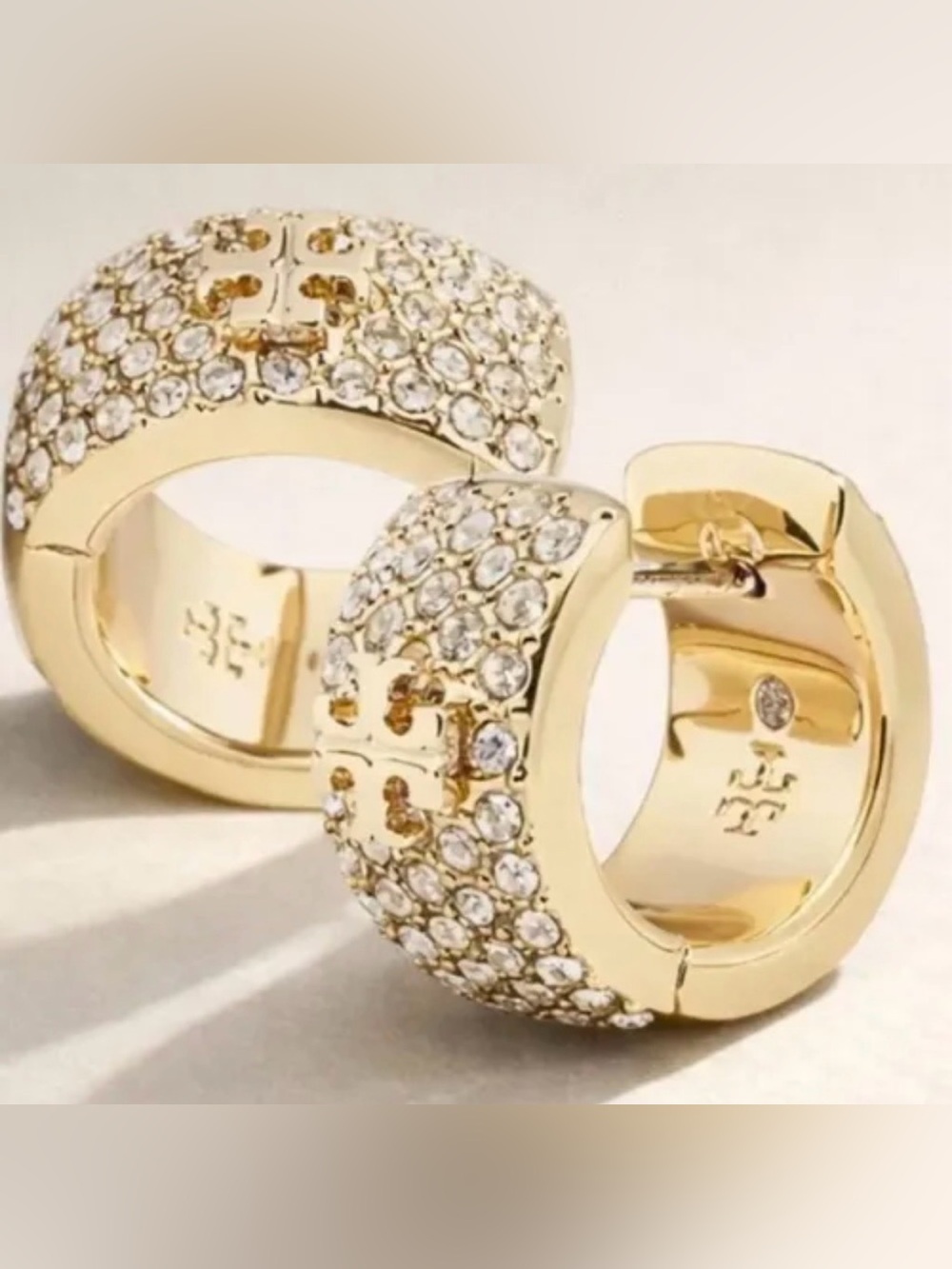 New Tory Burch Icon Pavé Huggie Earrings in Tory Gold on Earring Card MSRP $170
